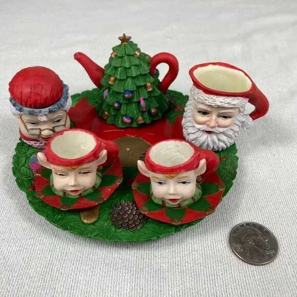 1995 Chadwick Miller Xmas Resin Mini Tea Set w/ Wreath Base, Santa & Elves - Picture 9 of 9